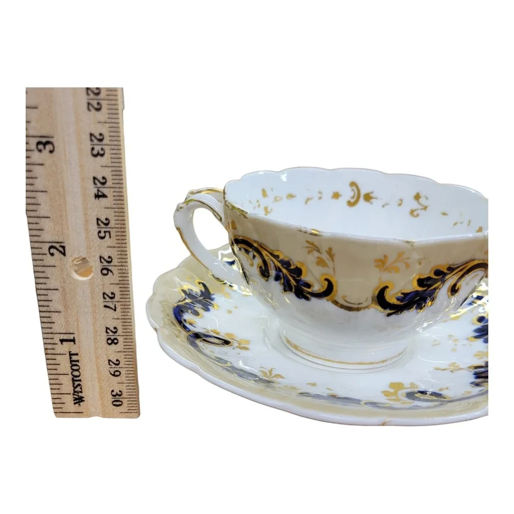 Antique John‎ Ridgway Tea Cup Saucer Cauldon Place Foliage Blue Gilding Acanthus